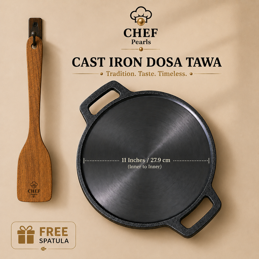 Chef Pearls Cast Iron Dosa Tawa with Wooden Spatula – Traditional Indian Dosa Pan for Crispy Homemade Dosas